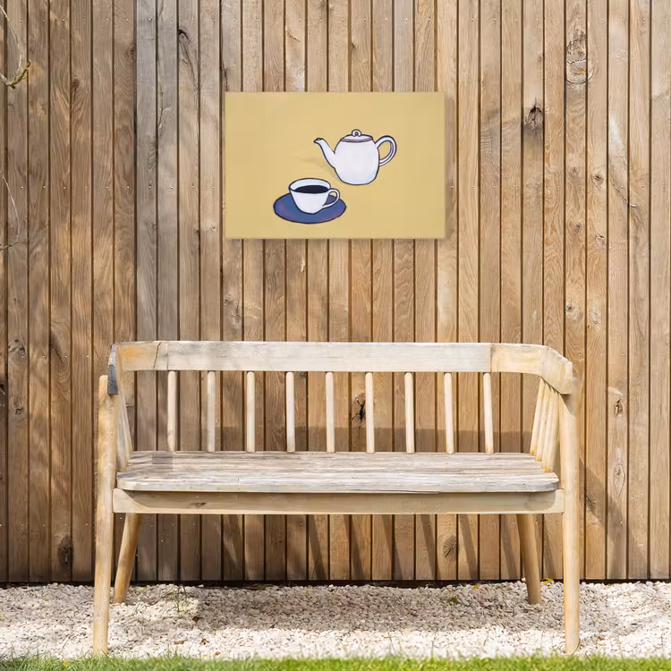 Theepot - Kopje - Beige - Illustratie Tuinposter op houten frame 2 cm dik klein -sfeer4