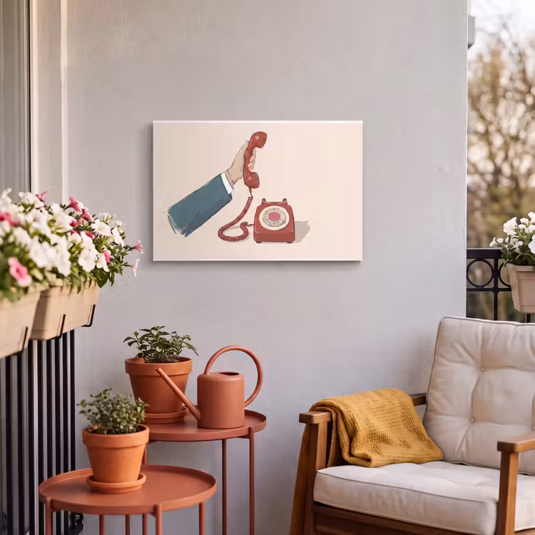 Telefoon - Hand - Vintage - Communicatie - Rood Tuinposter op houten frame 2 cm dik klein -sfeer1