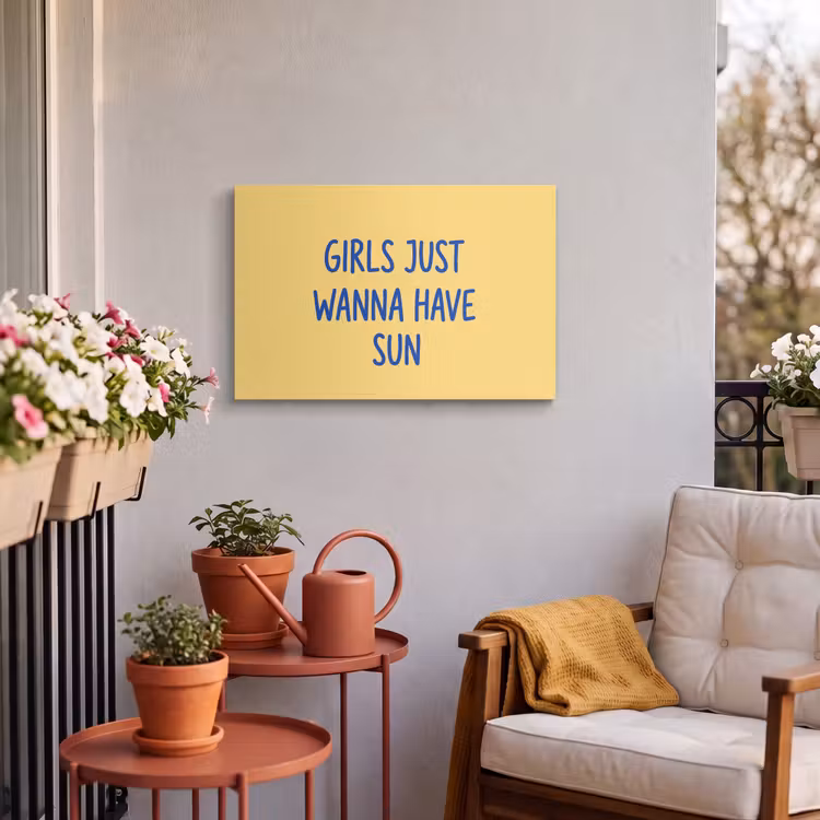 Tekst - Zon - Zomer - Modern - Geel Tuinposter op houten frame 2 cm dik klein -sfeer1