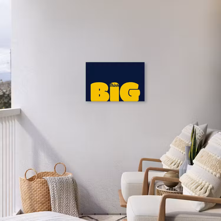 Think big - Blauw - Geel Tuinposter op houten frame 2 cm dik klein -sfeer1