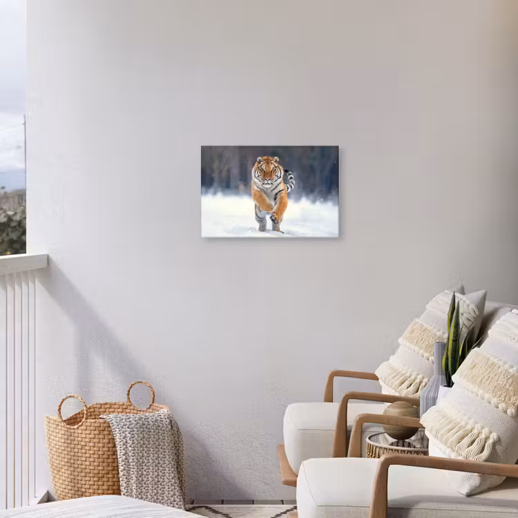 Tijger rennend door de sneeuw Tuinposter op houten frame 2 cm dik klein -sfeer1