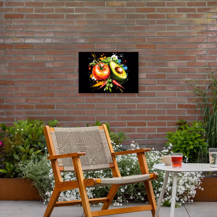 Tomaat - Avocado - Peper - Graffiti - Verf - Modern Tuinposter op houten frame 2 cm dik klein -sfeer3