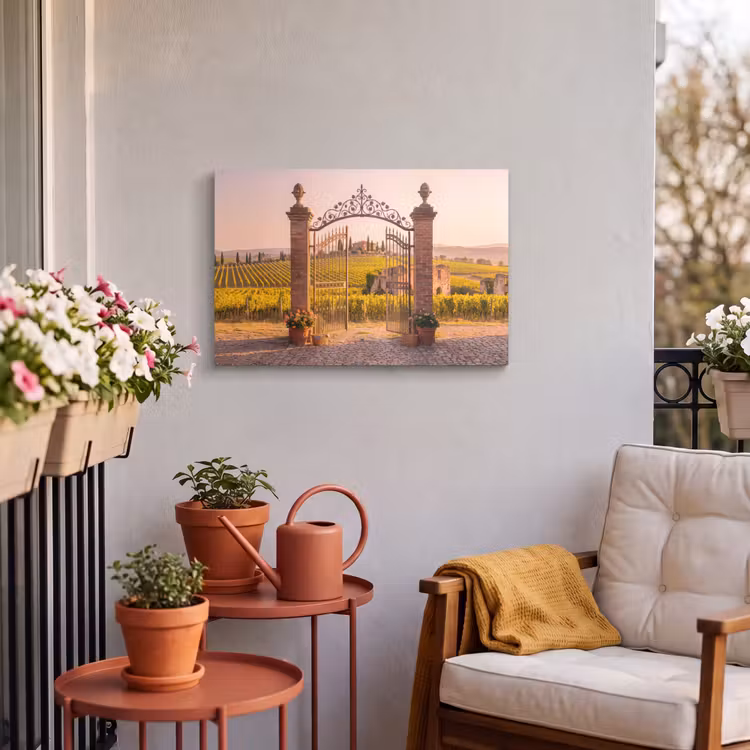 Poort - Landschap - Platteland - Zonlicht - Warm Tuinposter op houten frame 2 cm dik klein -sfeer1