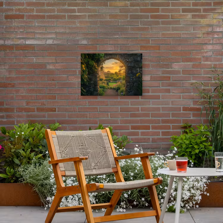 Poort - Planten - Zonsondergang Tuinposter op houten frame 2 cm dik klein -sfeer3