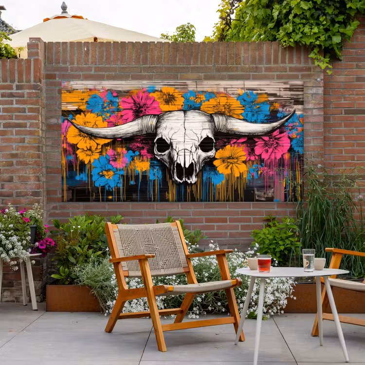 Schedel - Bloemen - Graffiti Tuinposter op houten frame 2 cm dik xxl -sfeer3