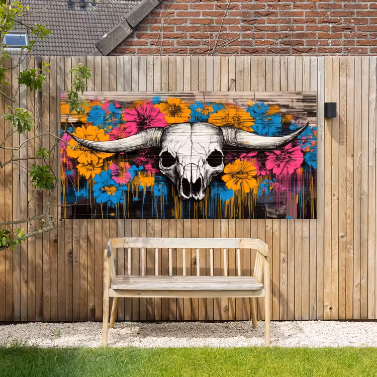 Schedel - Bloemen - Graffiti Tuinposter op houten frame 2 cm dik xxl -sfeer4
