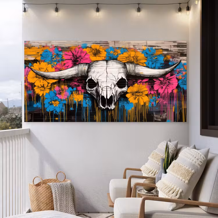 Schedel - Bloemen - Graffiti Tuinposter op houten frame 2 cm dik xxl -sfeer1