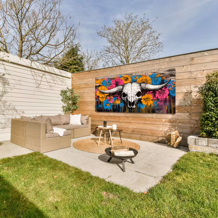 Schedel - Bloemen - Graffiti Tuinposter op houten frame 2 cm dik xxl -sfeer2