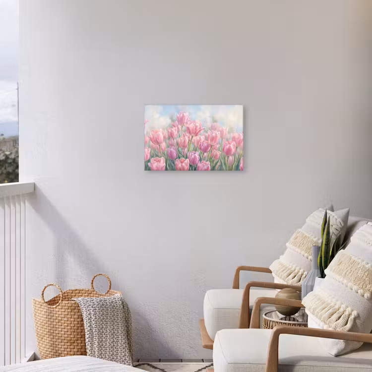 Tulpen - Veld - Lente - Roze Tuinposter op houten frame 2 cm dik klein -sfeer1