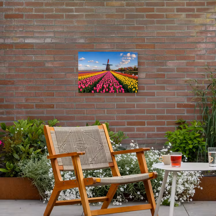 Tulpen - Holland - Molen - Kleurrijk Tuinposter op houten frame 2 cm dik klein -sfeer3