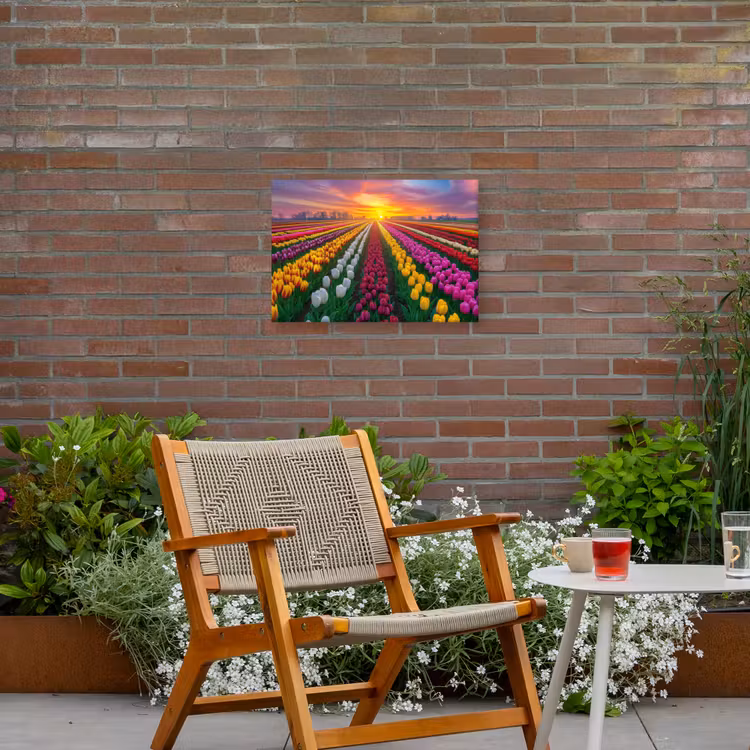 Tulpenveld - Zonsondergang - Kleurrijk Tuinposter op houten frame 2 cm dik klein -sfeer3