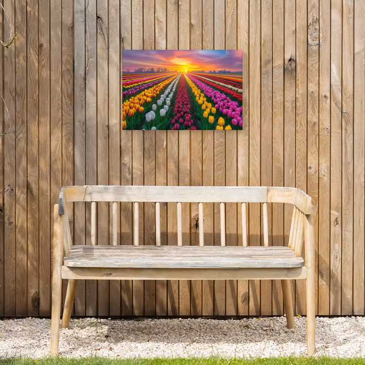 Tulpenveld - Zonsondergang - Kleurrijk Tuinposter op houten frame 2 cm dik klein -sfeer4