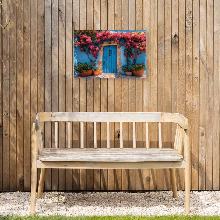 Deur - Hout - Bloemen - Blauw Tuinposter op houten frame 2 cm dik klein -sfeer4