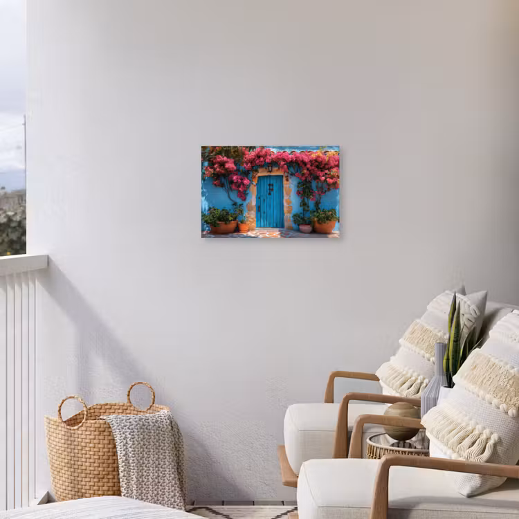 Deur - Hout - Bloemen - Blauw Tuinposter op houten frame 2 cm dik klein -sfeer1
