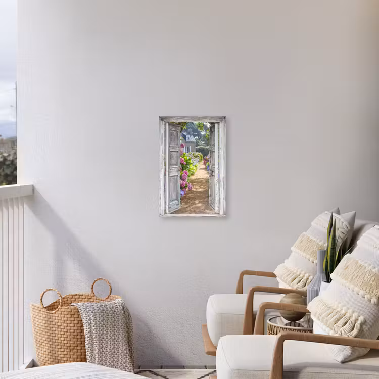 Deur naar een bloementuin Tuinposter op houten frame 2 cm dik klein -sfeer1
