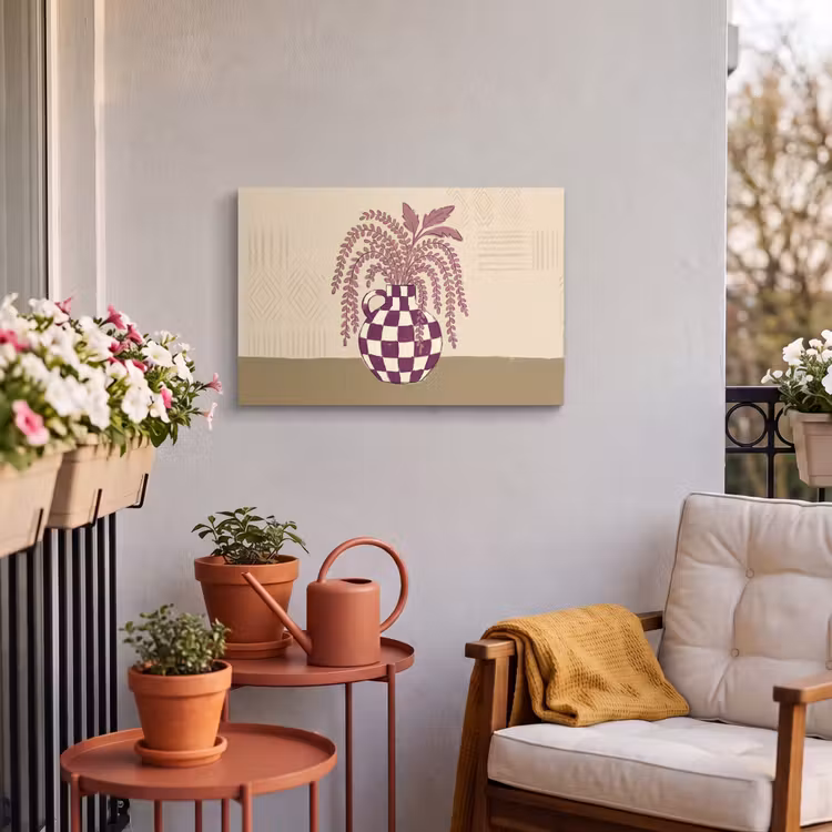 Vaas - Geruit - Planten - Modern - Paars Tuinposter op houten frame 2 cm dik klein -sfeer1
