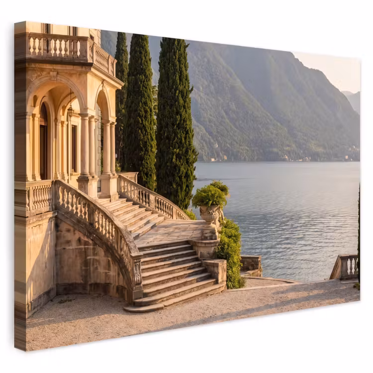 Outdoor Leinwand - Villa – Wasser – Treppen - Villa - water -trappen Tuinposter op houten frame 2 cm dik klein
