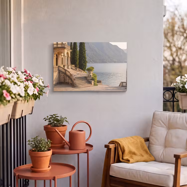 Outdoor Leinwand - Villa – Wasser – Treppen - Villa - water -trappen Tuinposter op houten frame 2 cm dik klein