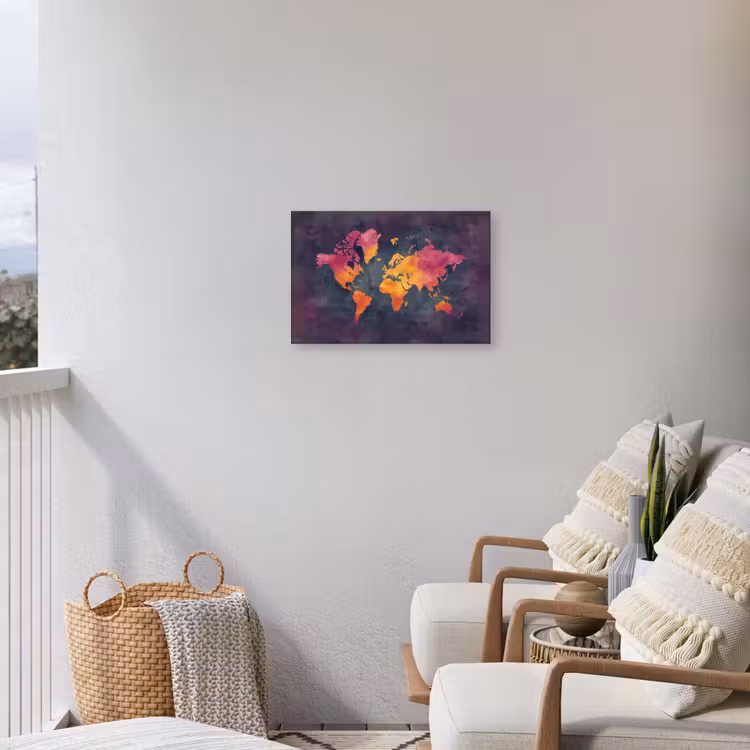 Paars - Warm - Wereldkaart Tuinposter op houten frame 2 cm dik klein -sfeer1