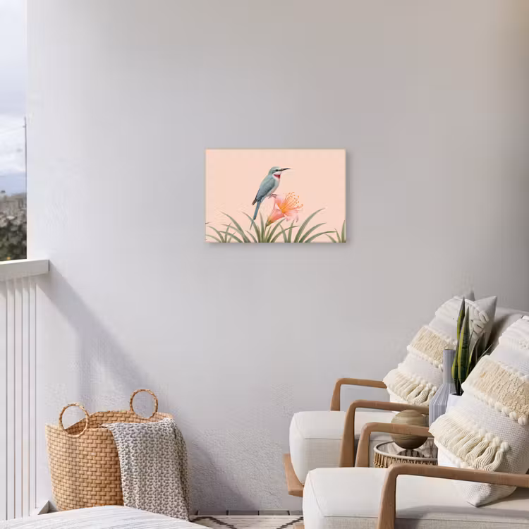 Vogel - Bloem - Natuur - Roze Tuinposter op houten frame 2 cm dik klein -sfeer1