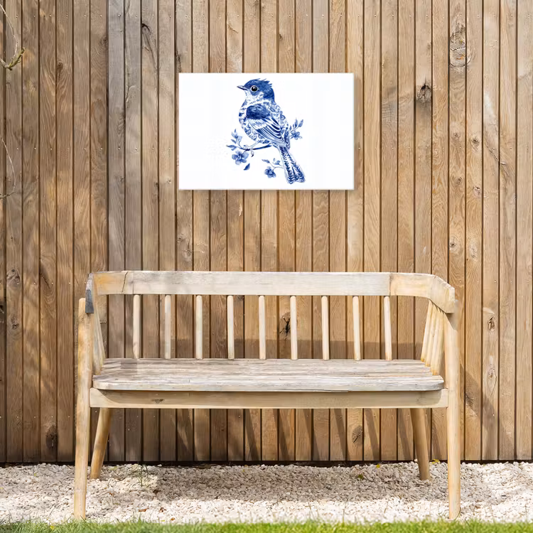 Vogel - Delfts blauw - Illustratie - Bloemen Tuinposter op houten frame 2 cm dik klein -sfeer4
