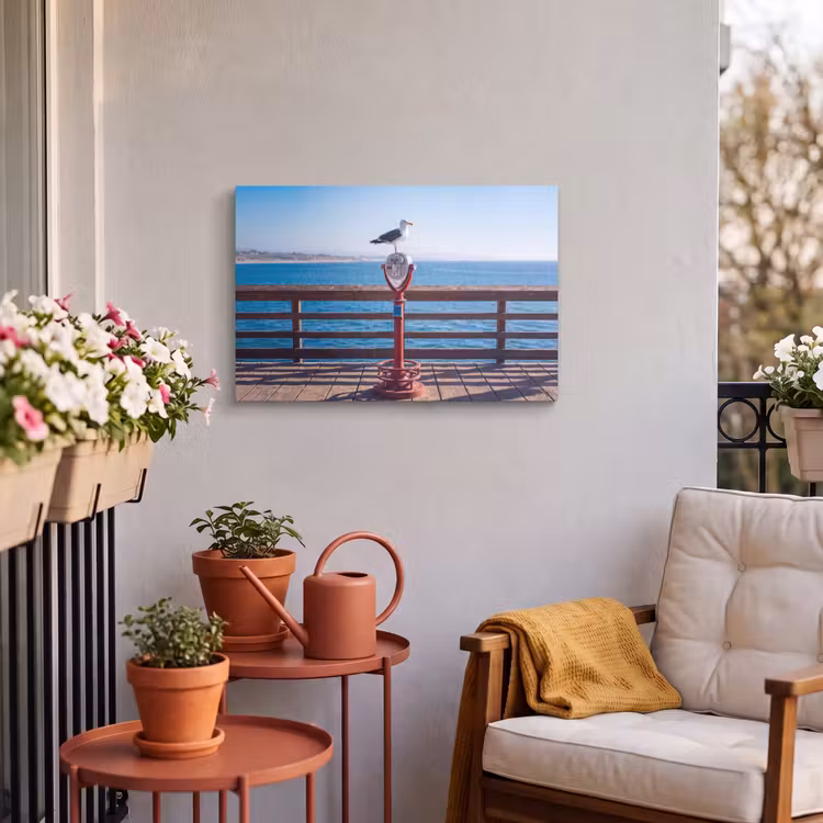 Vogel - Verrekijker - Kust - Zee - Blauw Tuinposter op houten frame 2 cm dik klein -sfeer1