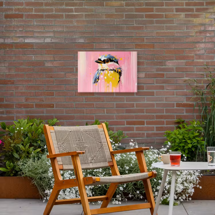 Vogel - Roze - Geel - Blauw Tuinposter op houten frame 2 cm dik klein -sfeer3