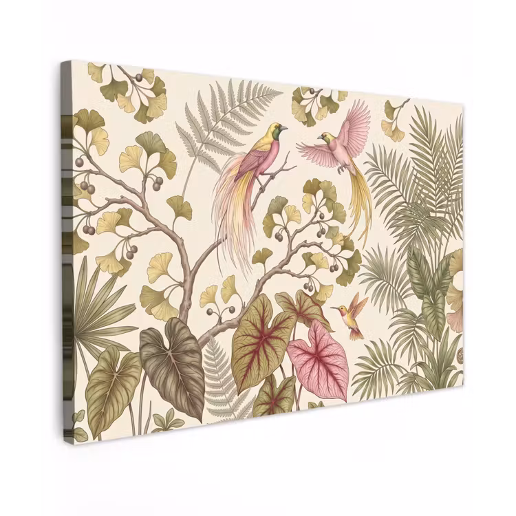 Vogels - Tropisch - Botanisch - Roze Tuinposter op houten frame 2 cm dik klein -3d