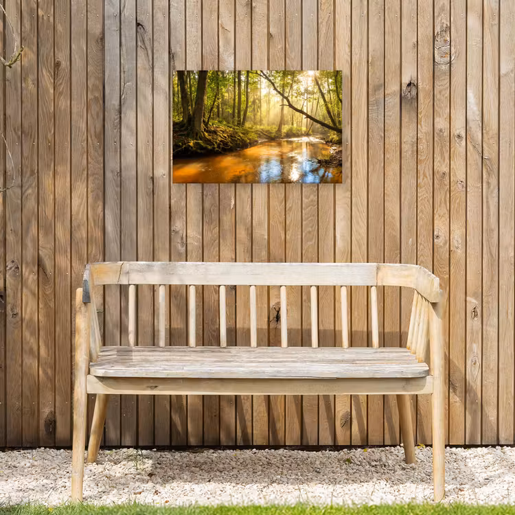 Bos - Beek - Zonlicht - Natuur - Groen Tuinposter op houten frame 2 cm dik klein -sfeer4