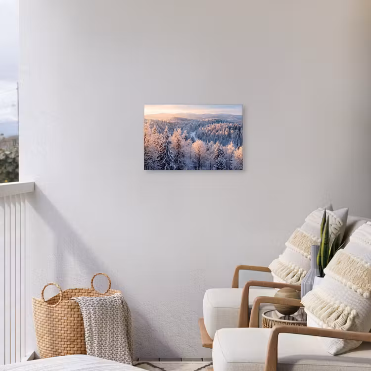 Bos - Bergen - Goud - Winter - Warm Tuinposter op houten frame 2 cm dik klein -sfeer1
