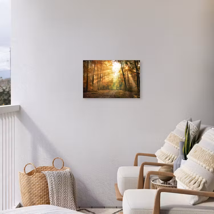 Bos - Herfst - Zon - Landschap - Natuur - Bomen - Bladeren Tuinposter op houten frame 2 cm dik klein -sfeer1