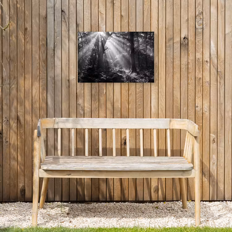 Bos - Lichtstralen - Natuur - Zwart-wit Tuinposter op houten frame 2 cm dik klein -sfeer4