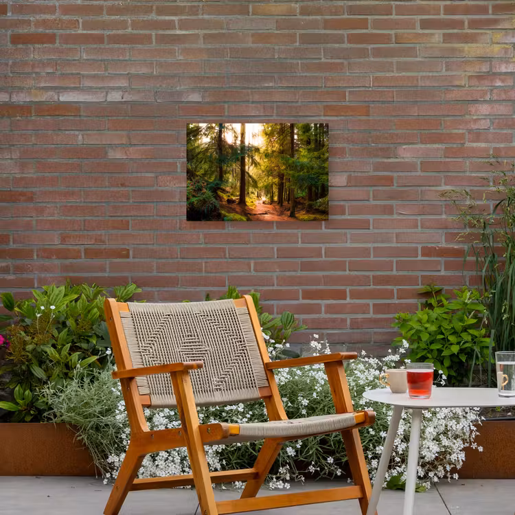 Bos - Pad - Bomen - Groen - Zon - Natuur Tuinposter op houten frame 2 cm dik klein -sfeer3