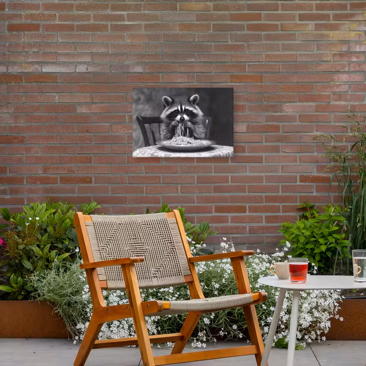 Wasbeer - Cute - Pasta - Tafelkleed - Zwart - Wit Tuinposter op houten frame 2 cm dik klein -sfeer3
