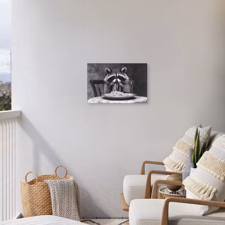 Wasbeer - Cute - Pasta - Tafelkleed - Zwart - Wit Tuinposter op houten frame 2 cm dik klein -sfeer1