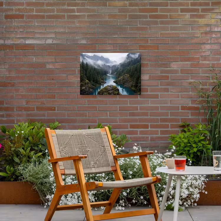 Waterval - Bomen - Bergen Tuinposter op houten frame 2 cm dik klein -sfeer3