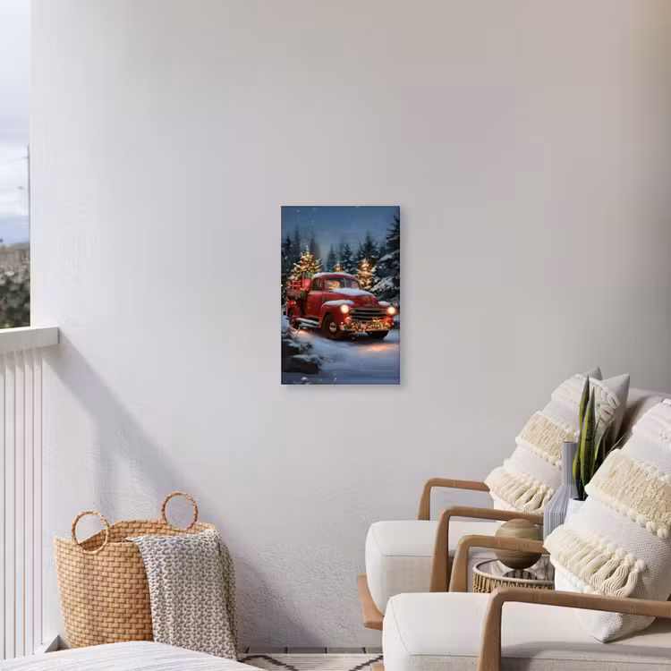 Kersttruck - Sneeuwbos - Rood Tuinposter op houten frame 2 cm dik klein -sfeer1