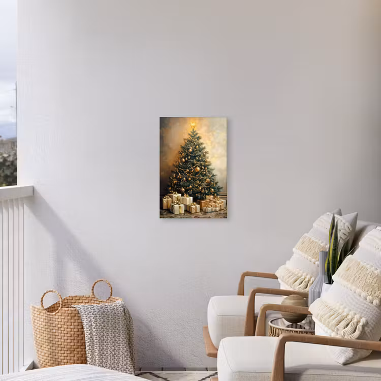 Kerstboom - Cadeaus - Goud Tuinposter op houten frame 2 cm dik klein -sfeer1