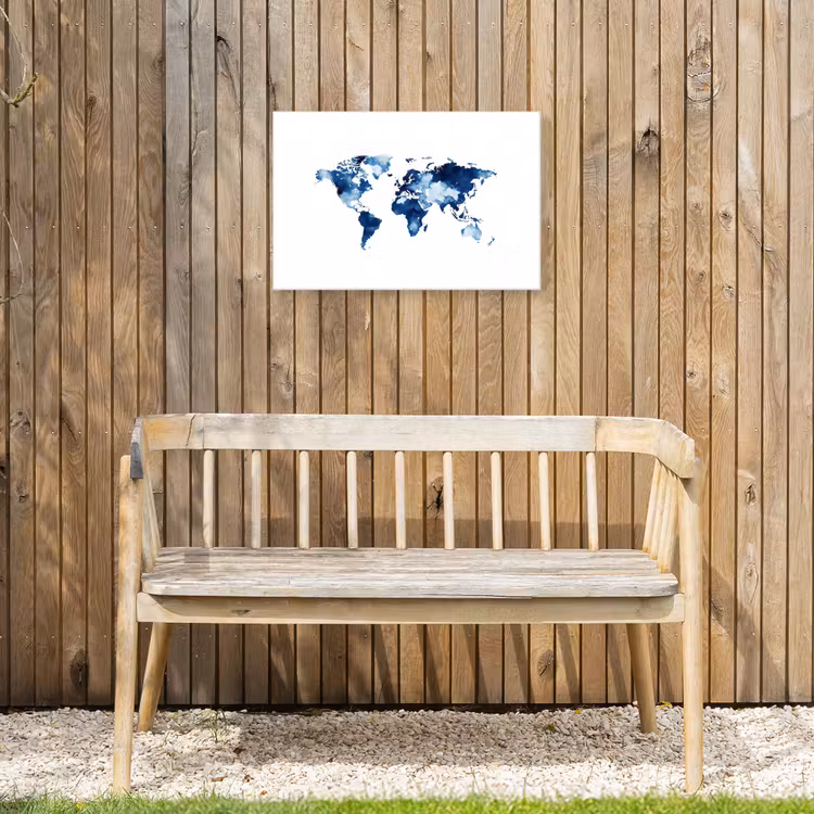 Wit - Aquarel - Blauw - Wereldkaart Tuinposter op houten frame 2 cm dik klein -sfeer4