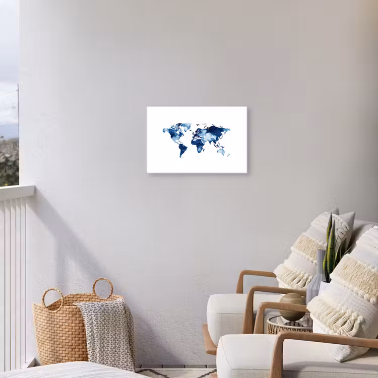 Wit - Aquarel - Blauw - Wereldkaart Tuinposter op houten frame 2 cm dik klein -sfeer1