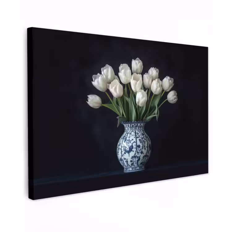 Wit - Bloemen - Tulpen - Vaas Tuinposter op houten frame 2 cm dik klein -3d
