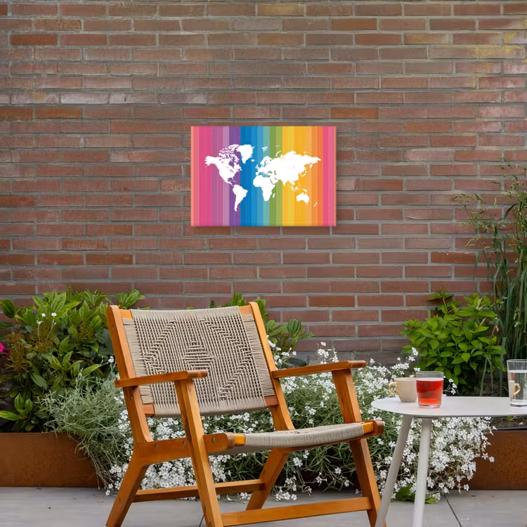 Wit - Wereldkaart - Regenboog - Banen Tuinposter op houten frame 2 cm dik klein -sfeer3