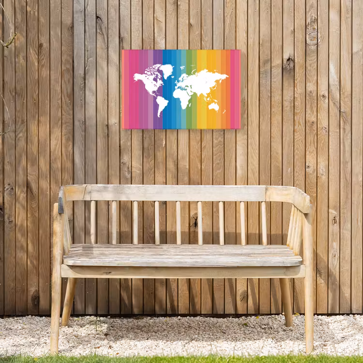 Wit - Wereldkaart - Regenboog - Banen Tuinposter op houten frame 2 cm dik klein -sfeer4