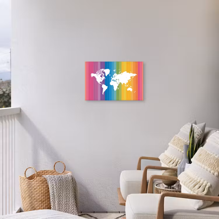 Wit - Wereldkaart - Regenboog - Banen Tuinposter op houten frame 2 cm dik klein -sfeer1