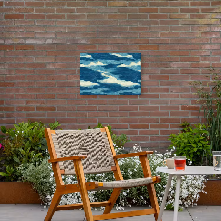 Golven - Abstract - Patroon - Blauw - Wit Tuinposter op houten frame 2 cm dik klein 845 -sfeer3