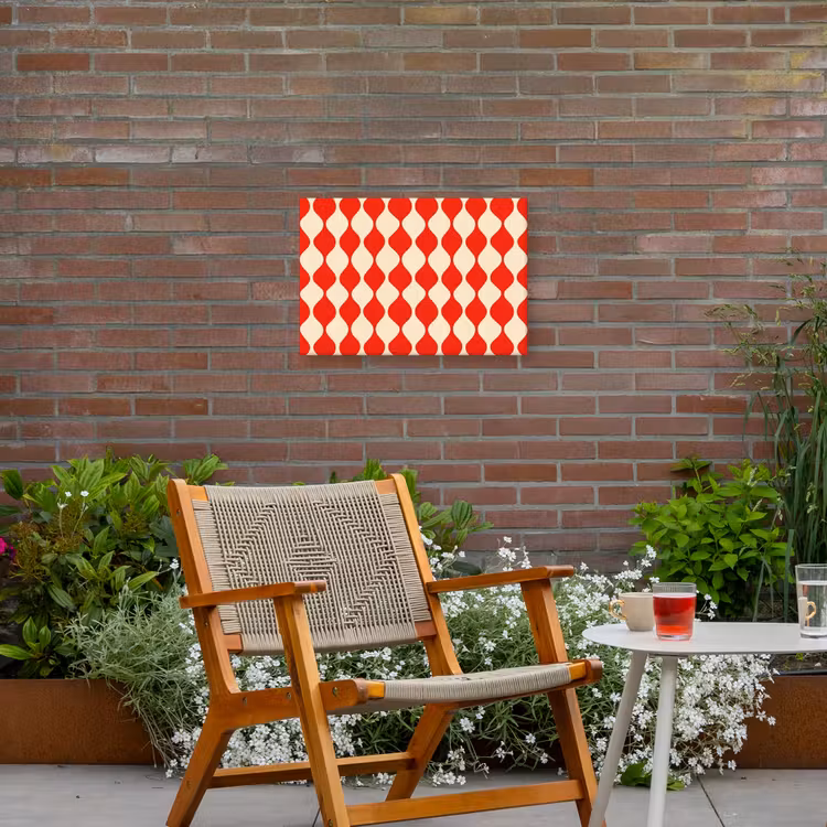 Golvend patroon - Retro - Rood - Beige Tuinposter op houten frame 2 cm dik klein 845 -sfeer3