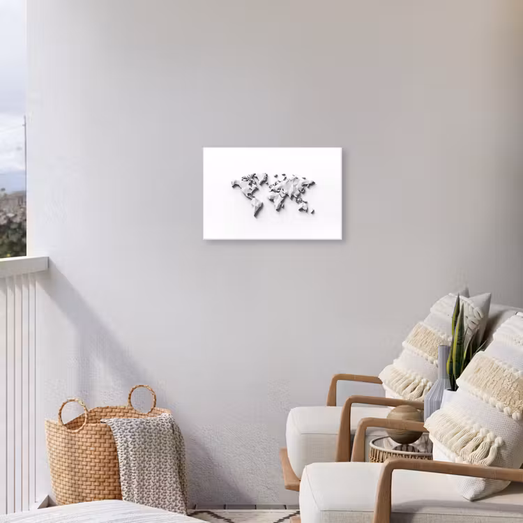 Wereldkaart - 3D - Wit Tuinposter op houten frame 2 cm dik klein -sfeer1