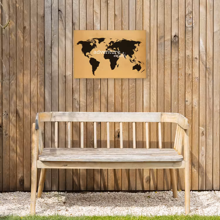 Wereldkaart - Adventure - Beige Tuinposter op houten frame 2 cm dik klein -sfeer4