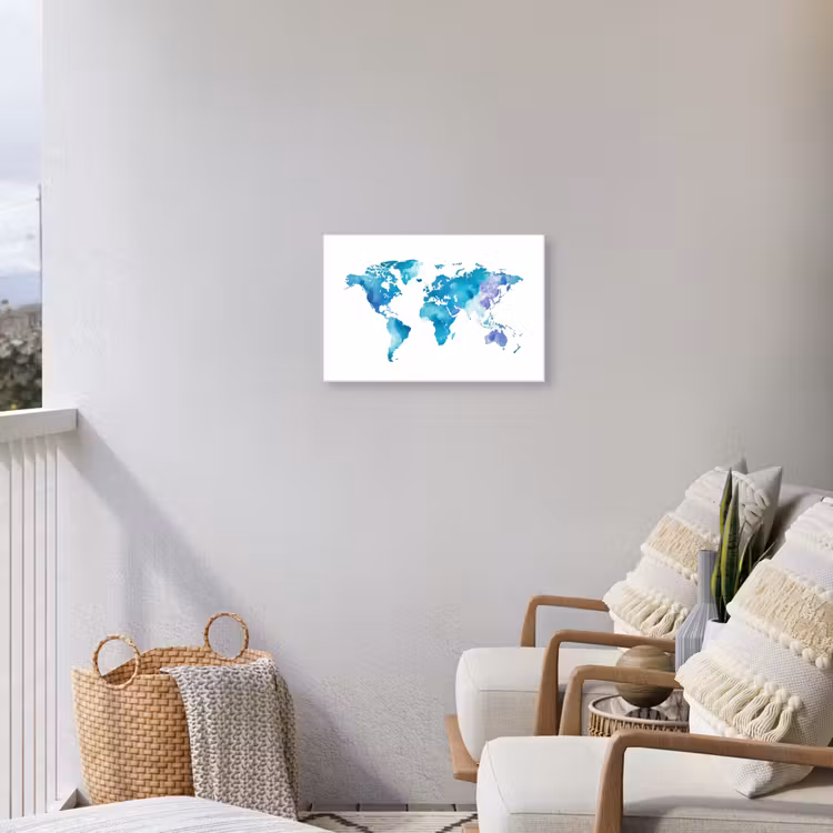Wereldkaart - Aquarel - Blauw Tuinposter op houten frame 2 cm dik klein -sfeer1