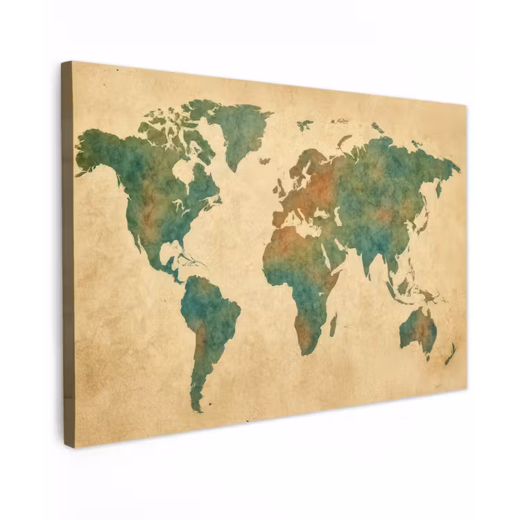 Wereldkaart - Aquarelstijl - Oud papier Tuinposter op houten frame 2 cm dik klein -3d
